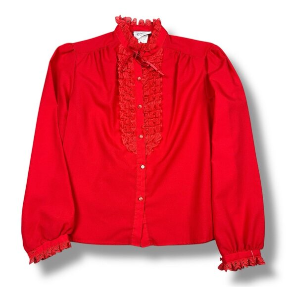 Vtg 80s Rhapsody Ruffled Blouse Button Up Red Long Sleeve M Secretary Nwt USA - Picture 1 of 10